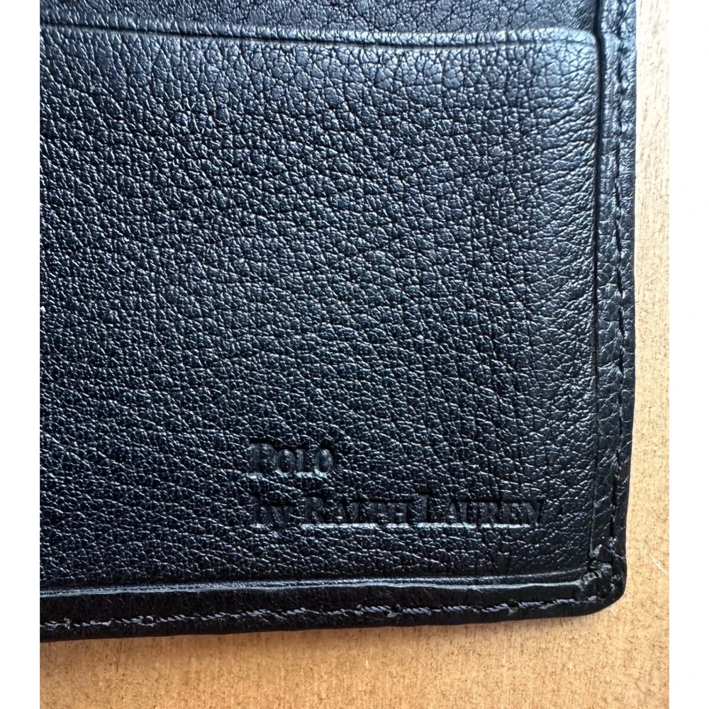 Polo Ralph Lauren Mens Black Pebbled Leather Bifold Wallet Embossed Pony Logo